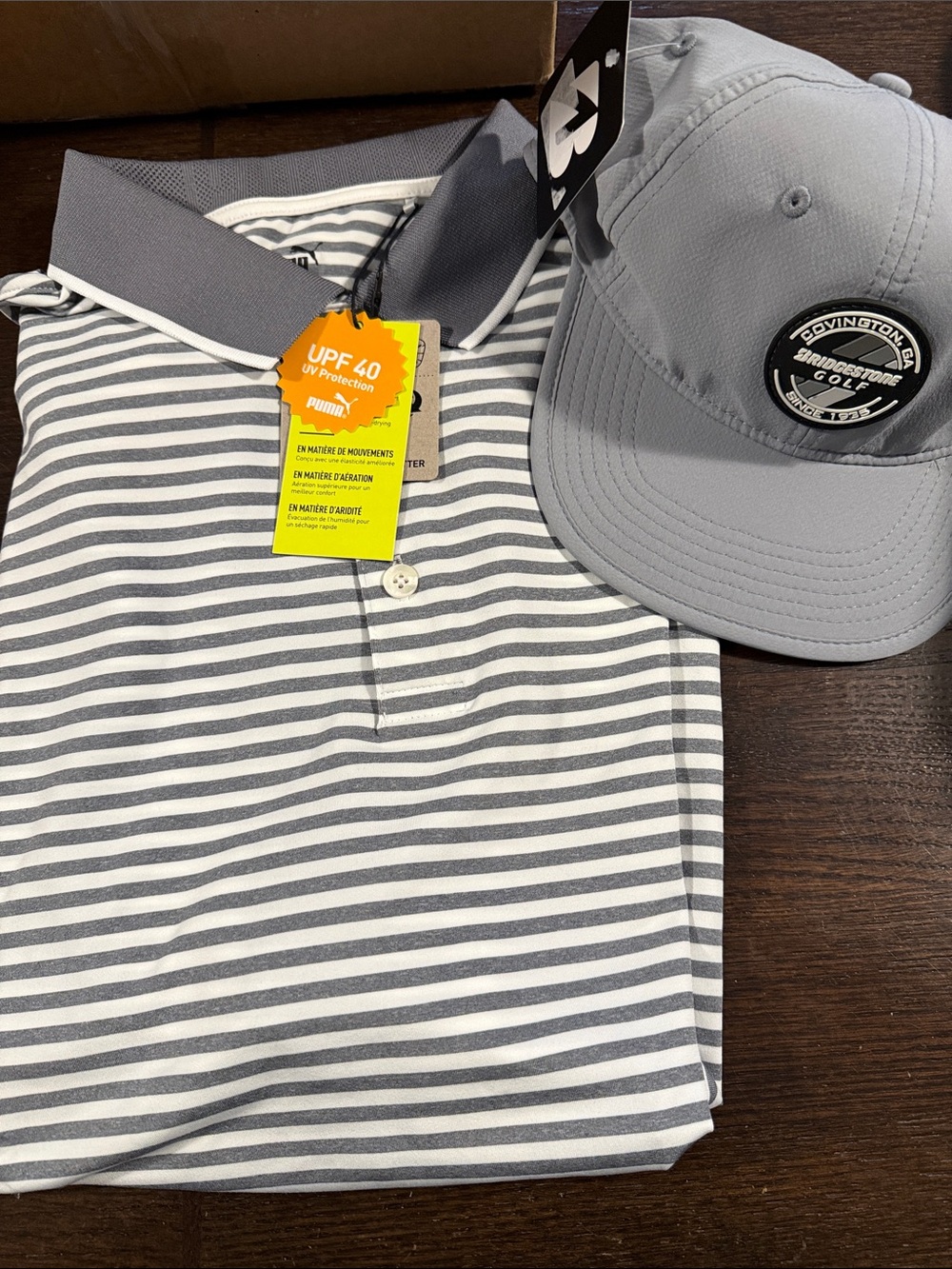 Men’s Puma Gray & White Striped Polo and Hat